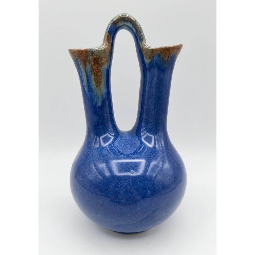 Pigeon Forge Pottery Double Spout Wedding Vase 8” Blue Brown Drip Glaze Signed